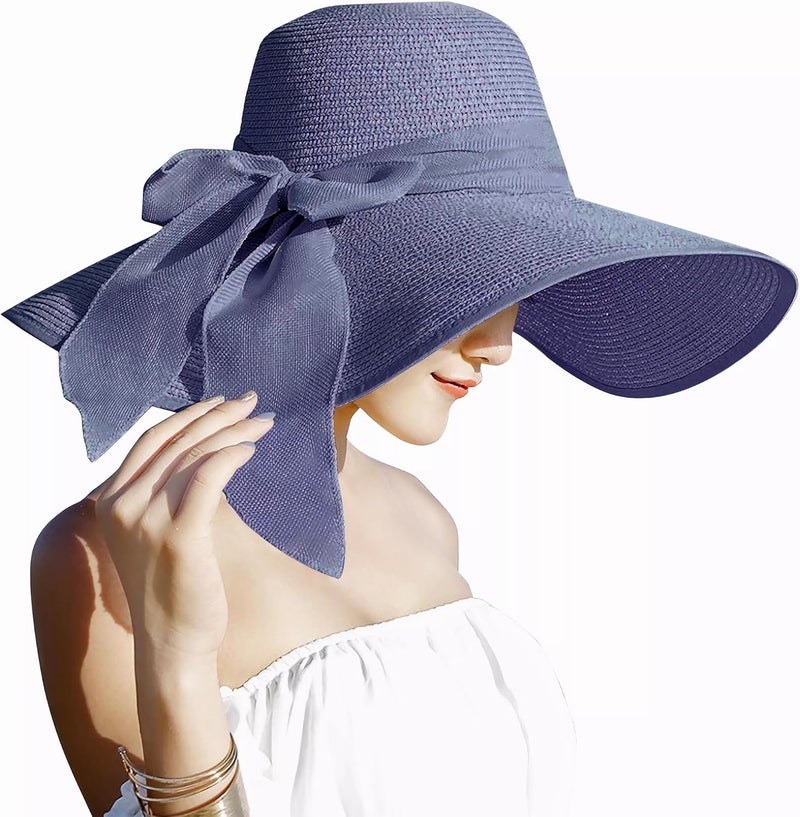 Lanzom Womens 5.7 Inches Big Bowknot Straw Hat Large Floppy Foldable Roll up Beach Cap Sun Hat UPF 50+ - Image 1